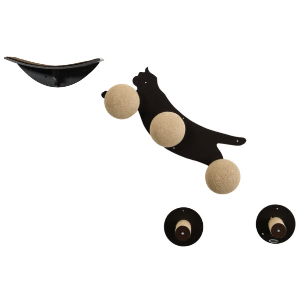 PawHut 4 Pieces Wall Mounted Cat Shelves, Catshaped Platform with Three Scratching Balls, Cat Wall Furniture with Scratching Posts, Tawny