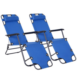 Outsunny 2 Pieces Foldable Sun Loungers with Adjustable Back, Outdoor Reclining Garden Chairs with Pillow and Armrests,