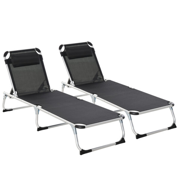 Outsunny 2 Pieces Foldable Sun Lounger with Pillow, 5Level Adjustable Reclining Lounge Chair, Aluminium Frame Camping Bed Cot,