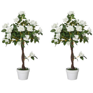 Outsunny Set of 2 Artificial Plants  Rose Floral in Pot, Fake Plants for Home Indoor Outdoor Decor, 90cm