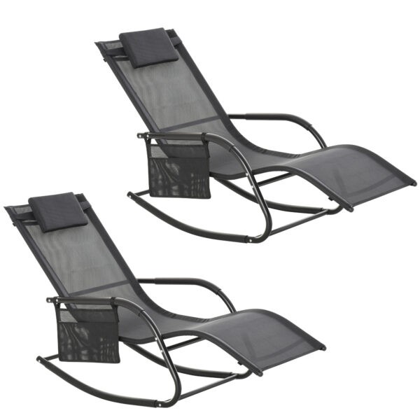 Outsunny 2Pcs Garden Rocking Chair, Patio Sun Lounger Rocker Chair w/ Breathable Mesh Fabric, Removable Headrest Pillow, Side Storage Bag,