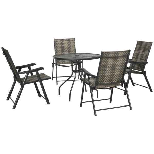 Outsunny 5 Pcs Rattan Dining Sets Garden Dining Set w/ PE Rattan Folding Armchair, Round Glass Top Dining Table with Umbrella Hole, Mixed