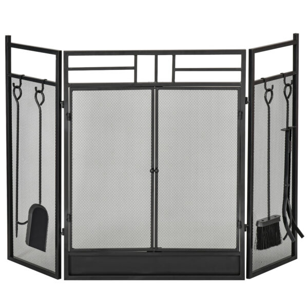 HOMCOM 3 Panel Folding Fire Guard, Steel Fireplace Screen with Double Door and Mesh Design for Open Fire, 122W x 80H cm,