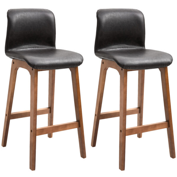 HOMCOM Modern Bar Stools Set of 2, PU Leather Upholste Bar Chairs with Wooden Frame, Footrest for Home Bar, Dining Room