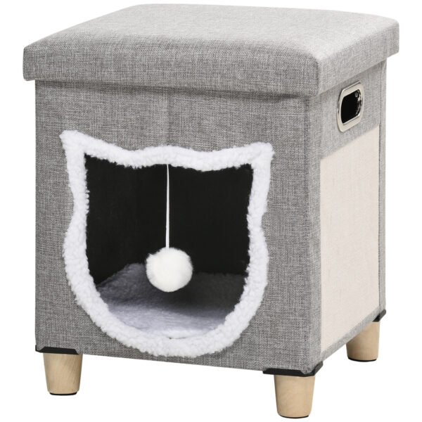 PawHut 2 in 1 Cat Bed Ottoman, Comfortable Cat Sleeping Cave House w/ Removable Cushion, Scratching Pad, Handles, AntiSlip Foot Pad, Toy Ball