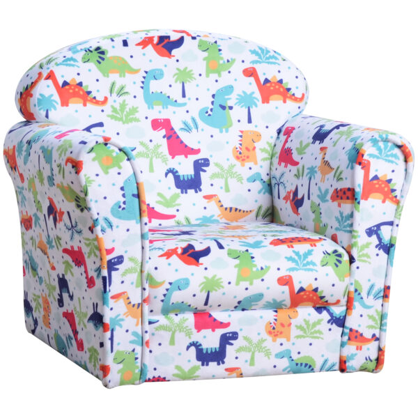HOMCOM Children Armchair Kids Sofa Tub Chair Seat Cartoon Dinosaur Pattern Bedroom Flannel Wooden Frame Nonslip Playroom Seater