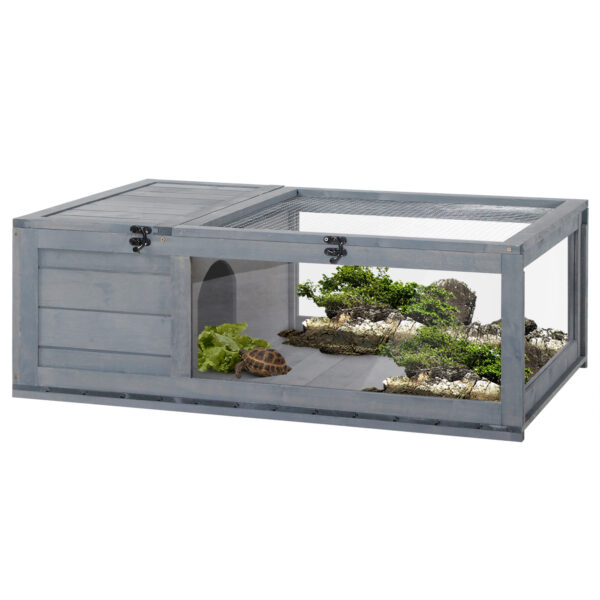 PawHut Tortoise House with Mesh Roof, Small Pet Reptile Wooden House, Tortoise Enclosure with Pulledout Side Panel for Indoor, Outdoor,