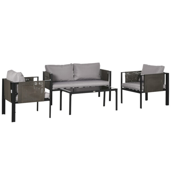 Outsunny 4 Piece Metal Garden Furniture Set with Tempe Glass  Table, Patio Set Loveseat, Single Armchairs with Padded Cushions, Light