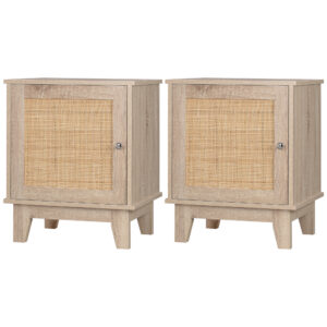 HOMCOM Bedside Table, Bedside Cabinet with Storage Cupboard, Side End Table with Rattan Element for Living Room, Bedroom, Set of 2, Natural