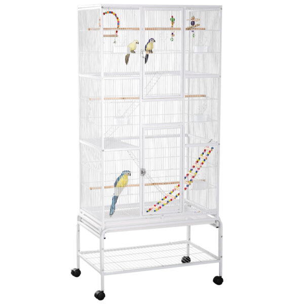 PawHut 3 Tier Bird Cage with Stand, Wheels, Toys, Ladders, for Canaries, Finches, Cockatiels, Parakeets, Budgie Cage with Accessories