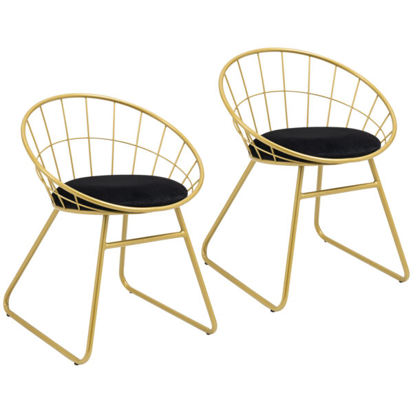 HOMCOM Modern Dining Chairs Set of 2, Metal Wire Kitchen Chair with Velvetfeel Cushion, Round Back and Steel Frame for Living Room, Bedroom, Gold