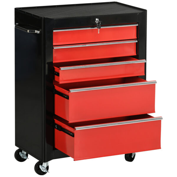 HOMCOM 5Drawer Tool Chest, Lockable Steel Tool Storage Cabinet with Wheels and Handle Tool Box for Garage, Workshop,