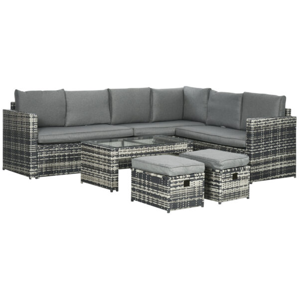 Outsunny 6 Piece Rattan Garden Furniture Set, 8Seater Outdoor Sofa Sectional with 3 Cushioned Loveseat 2 Footstools Table,