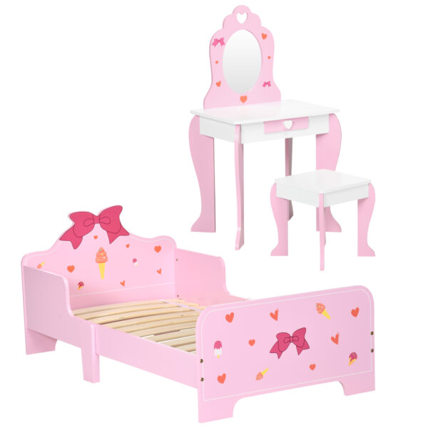 ZONEKIZ 3PCs Kids Bedroom Furniture Set with Bed, Dressing Table and Stool, Princess Themed, for 36 Years Old,