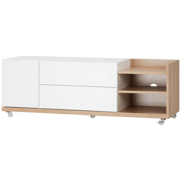 HOMCOM Modern TV Stand Unit for TVs up to 46" with Wheels, Storage Shelves and Drawers, 120cmx39cmx42cm, and Natural