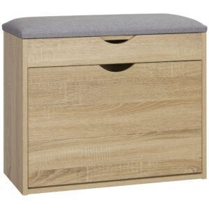 HOMCOM Shoe Bench with Cushion for 4 Pair of Shoes, Storage Bench with Padded Seat, Flipup Cabinet and Hidden Space for Entryway, Natural