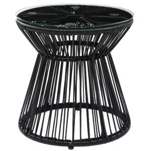 Outsunny Round End Table, Rattan Side Table, Hollow Drum Design  Table w/ Glass Tabletop for Patio, Garden, Balcony