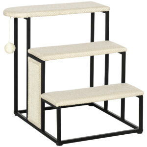PawHut Cat Stairs, 3 Steps for Sofa, Pet Steps with Sisal Scratching Board and Hanging Ball, Steel Frame, 47 x 45 x 47 cm,