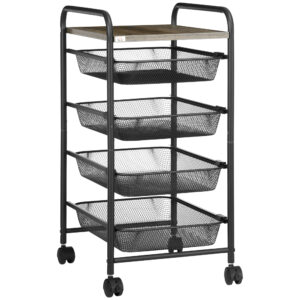 HOMCOM Storage Trolley on Wheels, Rolling Utility Serving Cart with 4 Mesh Trays for Living Room, Kitchen,