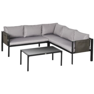 Outsunny 4 Piece Garden Furniture Set Metal Sofa Set w/ Tempe Glass  Table, Conversational Corner Sofa Loveseat w/Padded Cushions Light