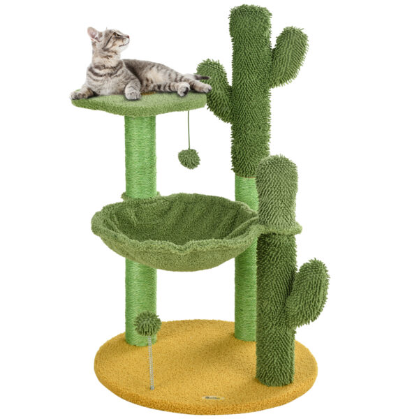 PawHut 82cm Chenille Cactus Cat Tree with Scratching Post, Hammock,