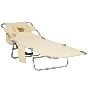 Outsunny Foldable Sun Lounger, Beach Chaise Lounge with Reading Hole, Arm Slots, 5Position Adjustable Backrest, Side Pocket, Pillow for Patio,