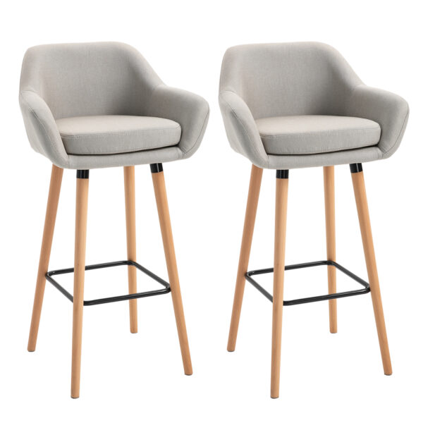 HOMCOM Set of 2 Bar Stools Modern Upholste Seat Bar Chairs w/ Metal Frame, Solid Wood Legs Living Room Dining Room Fabric Furniture