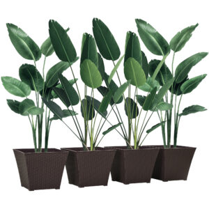 Outsunny Outdoor Planter Pack of 4, Rattan Effect Plant Pots Indoor Stackable Design, for Garden Patio Porch Deck,