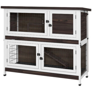 PawHut 2 Tiers Rabbit Cage Outdoor Guinea Pig Hutch with Sliding Trays, Asphalt Roof, No Screws Installation, for 12 Rabbits