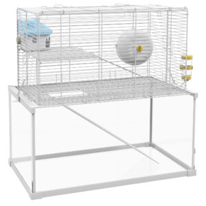 PawHut Gerbil Cage, Dwarf Hamster Cage w/ Deep Glass Bottom, Ramps Platforms Hut Exercise Wheel Water Bottle