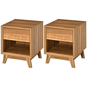 HOMCOM Modern Bedside Table Nightstand, Living Room End Table, Side Table with Drawer and Shelf, Set of 2, Walnut