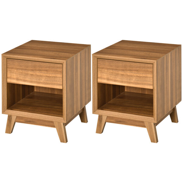 HOMCOM Modern Bedside Table Nightstand, Living Room End Table, Side Table with Drawer and Shelf, Set of 2, Walnut