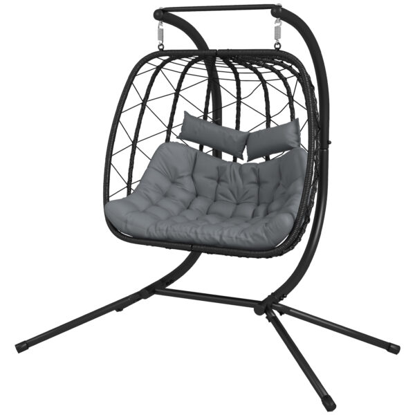 Outsunny Outdoor PE Rattan Doubleseater Swing Chair w/ Thick Padded Cushion, Patio Hanging Chair for 2 w/ Metal Stand, Headrest,