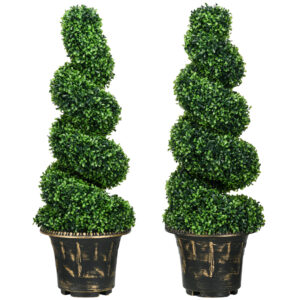 HOMCOM Set of 2 Artificial Plants, Topiary Spiral Boxwood Trees with Pot, for Home Indoor Outdoor Decor, 90cm