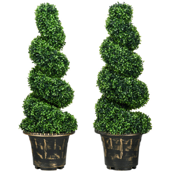 HOMCOM Set of 2 Artificial Plants, Topiary Spiral Boxwood Trees with Pot, for Home Indoor Outdoor Decor, 90cm
