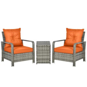 Outsunny 3 pcs PE Rattan Wicker Garden Furniture Patio Bistro Set Weave Conservatory Sofa Storage Table and Chairs Set Orange Cushion, Mixed
