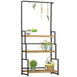 Outsunny 3 Tie Plant Stand with Hanging Hooks, Flower Rack Shelf for Indoor Outdoor Porch Balcony Living Room Bedroom