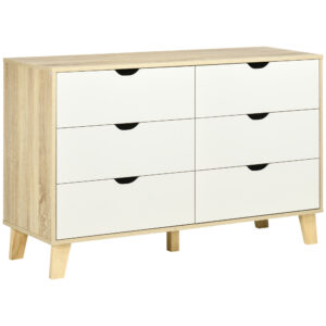 HOMCOM Wide Chest of Drawers, 6Drawer Storage Organiser Unit with Wood Legs for Bedroom, Living Room,  and Light