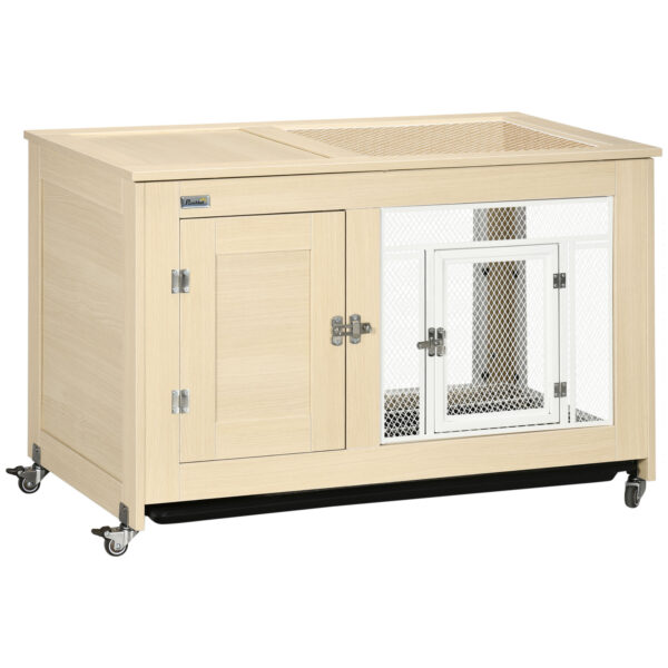 PawHut Rabbit Hutch with Wheels, Guinea Pig Cage with Openable Roof, Bunny Run with Slideout Tray, Small Animal House for Indoor, 94 x 53 x 56cm, Oak