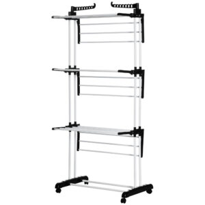 HOMCOM Foldable Clothes Drying Rack, 4Tier Steel Garment Laundry Rack with Castors for Indoor and Outdoor Use,