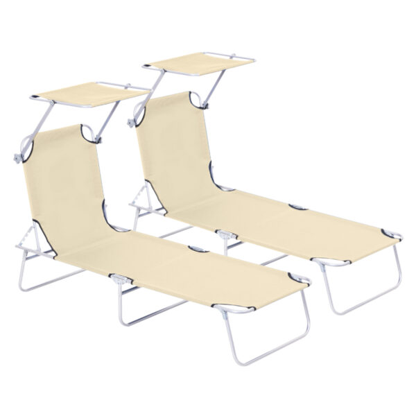 Outsunny 2 Pieces Outdoor Foldable Sun Lounger Set with Removeable Shade Canopy, Patio Recliner Sun Lounger with Adjustable Backrest with Mesh Fabric,
