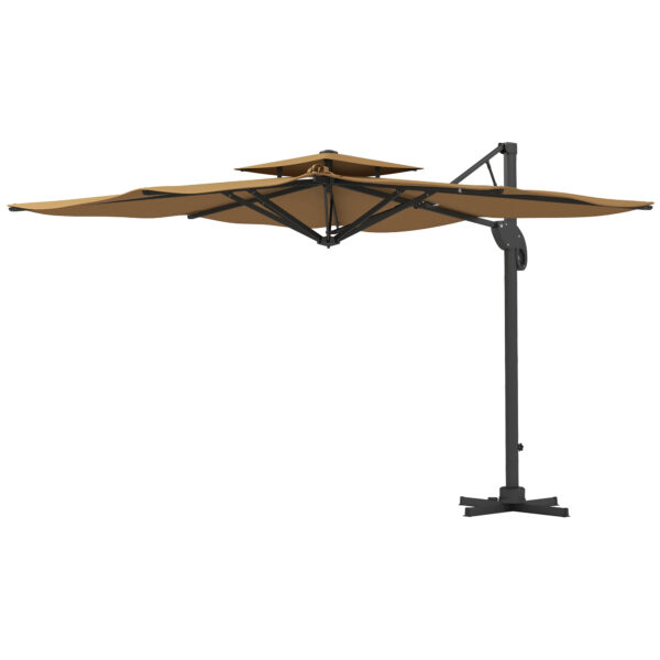 Outsunny Garden Parasol, 3m Cantilever Parasol with Hydraulic Mechanism, Dual Vented Top, 8 Ribs, Cross Base, Khaki