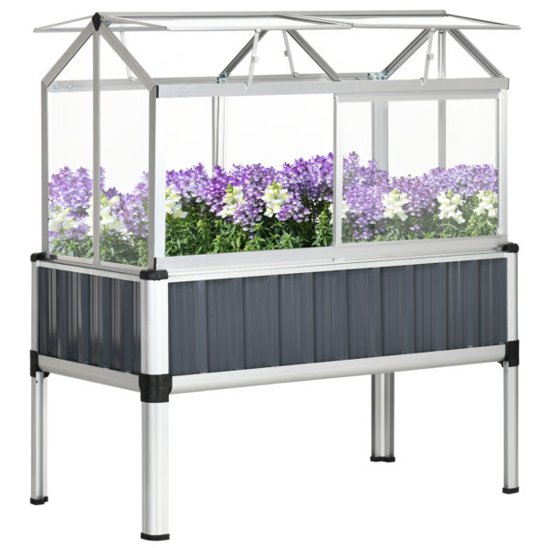 Outsunny Galvanised Steel Raised Beds for Garden with house, Raised Planters with Cover and Openable Windows