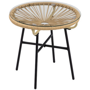 Outsunny Rattan Side Table, Round Outdoor  Table, with Round PE Rattan and Tempe Glass Table Top for Patio, Garden, Balcony,
