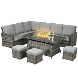 Outsunny 9Seater PE Rattan Garden Furniture Set, 50,000 BTU Gas Fire Pit Table, Double Corner Sofa, 3 Footstools,
