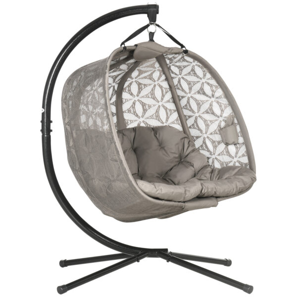 Outsunny Outdoor Double Hanging Chair, Swing Chair with Metal Stand, Thick Padded Cushion, Foldable Basket Cup Holders for Indoor Outdoor, Sand