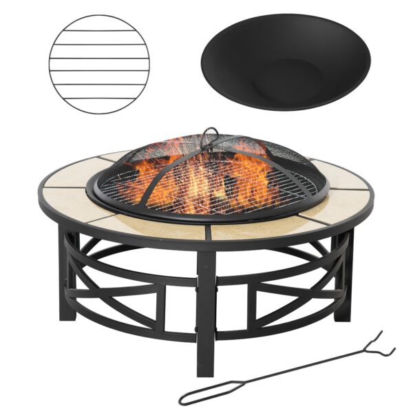 Outsunny Metal Large Fire Pit, Outdoor Firepit Bowl with Grill, Spark Screen Cover, Fire Poker for Garden, Bonfire, Patio, 84 x 84 x 52cm,