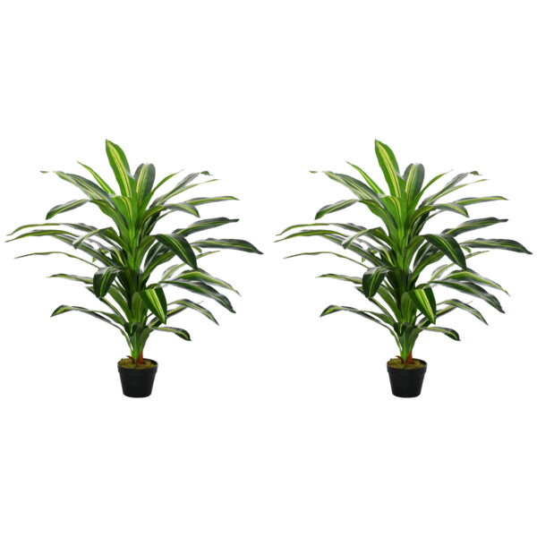 Outsunny 110cm/3.6FT Artificial Dracaena Tree Decorative Plant 40 Leaves with Nursery Pot, Fake Tropical Tree for Indoor Outdoor D??cor, Set of 2
