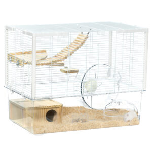 PawHut Hamster Cage, Gerbilarium Cage, Wooden Ramp, Exercise Wheel, Food Bowl, Natural Tone and