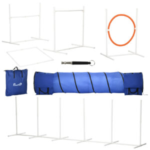 PawHut 6Piece Dog Agility Equipment Set with 3m Long Tunnel & Canine Whistle, Pause Box, Jumps, Weave Poles, Multicolour